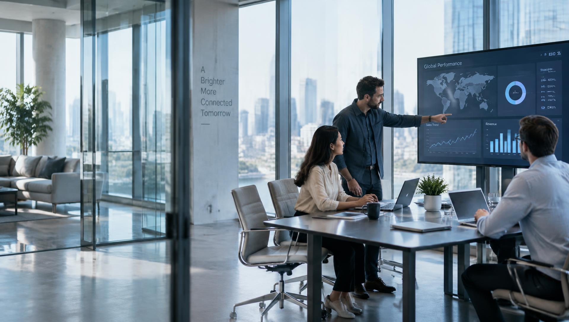 Professionals collaborating around laptops and a large display in a modern glass office